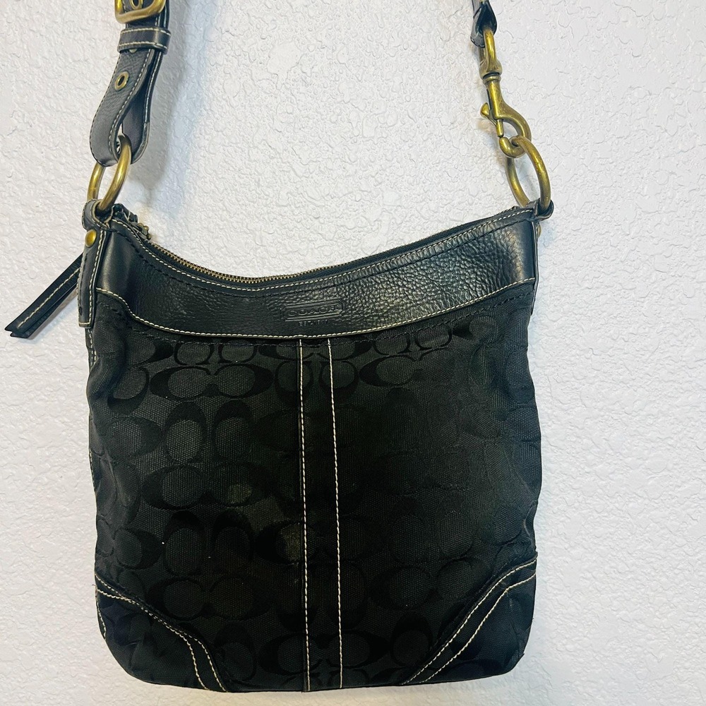 Coach Y2K Hobo Black‎ White Stitch Jacquard Leather Shoulder Bag Adjust Strap - Picture 3 of 9